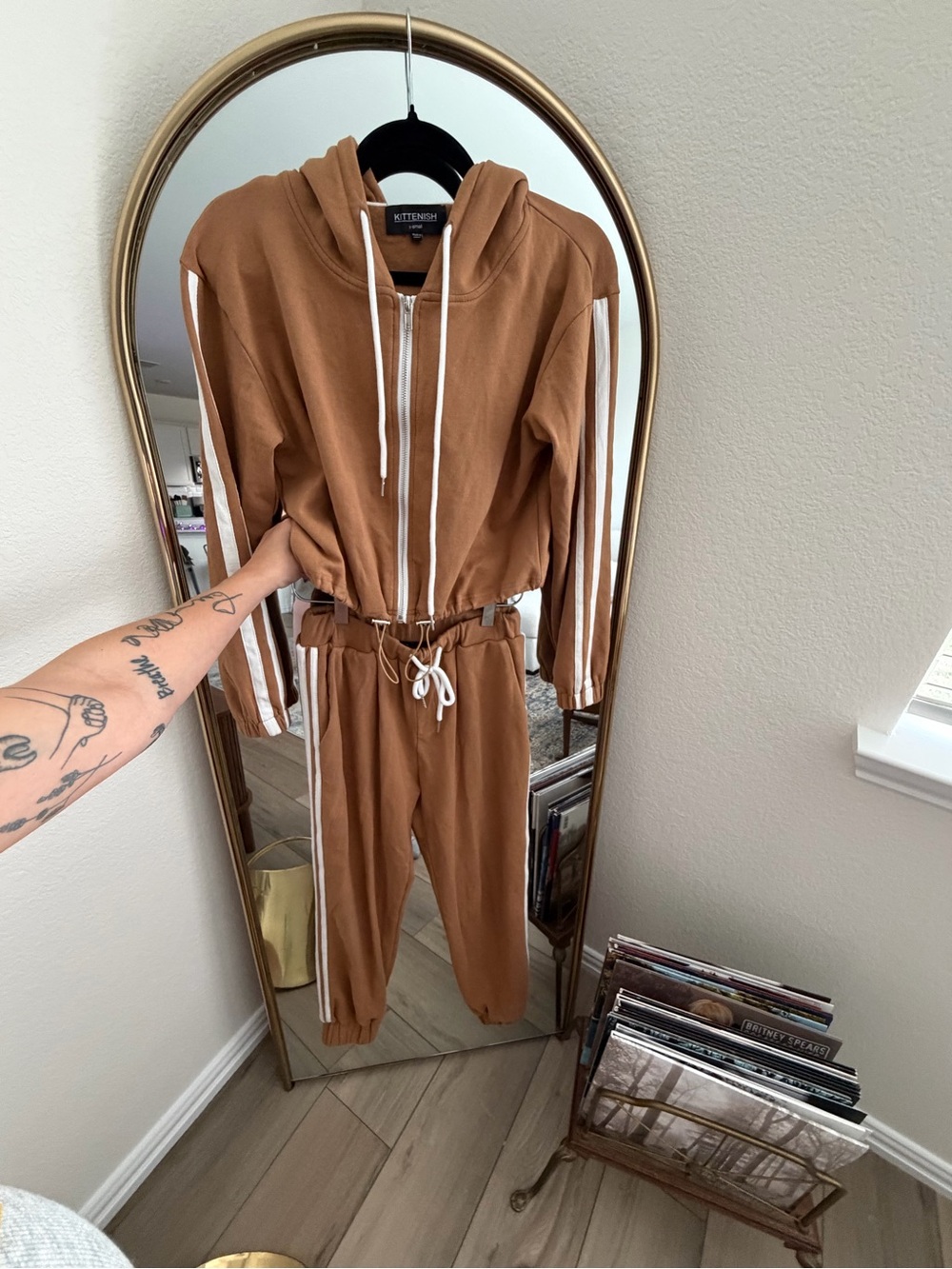 KITTENISH Brown Hooded Track Jumpsuit with White Stripes